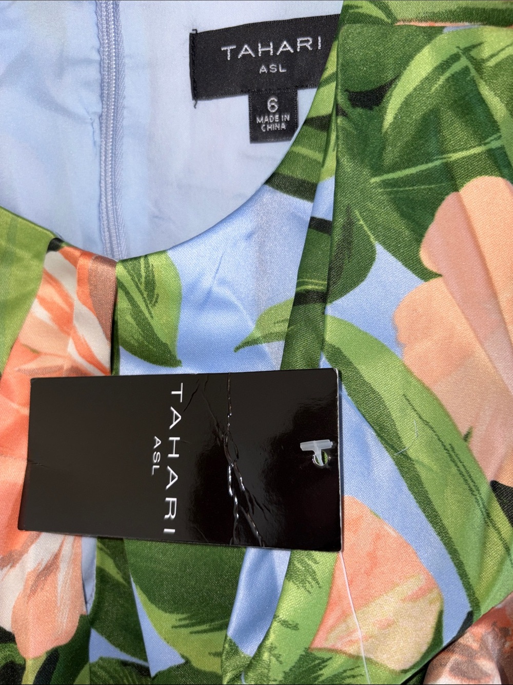 NWT TAHARI ASL Peach Floral Fit-and-Flare Dress with Blue Base - Picture 8 of 8